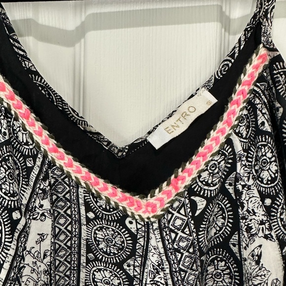 Entro Black White Print Sleeveless Dress Pink Trim Boho Summer - Picture 3 of 4